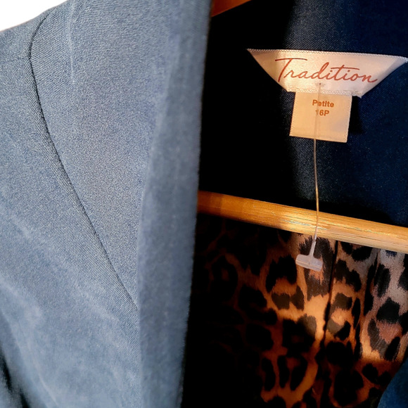 Vintage Blue Jacket  With Leopard Lining Size 16P Vintage Vest  Blazer Coat NWT - Picture 4 of 5
